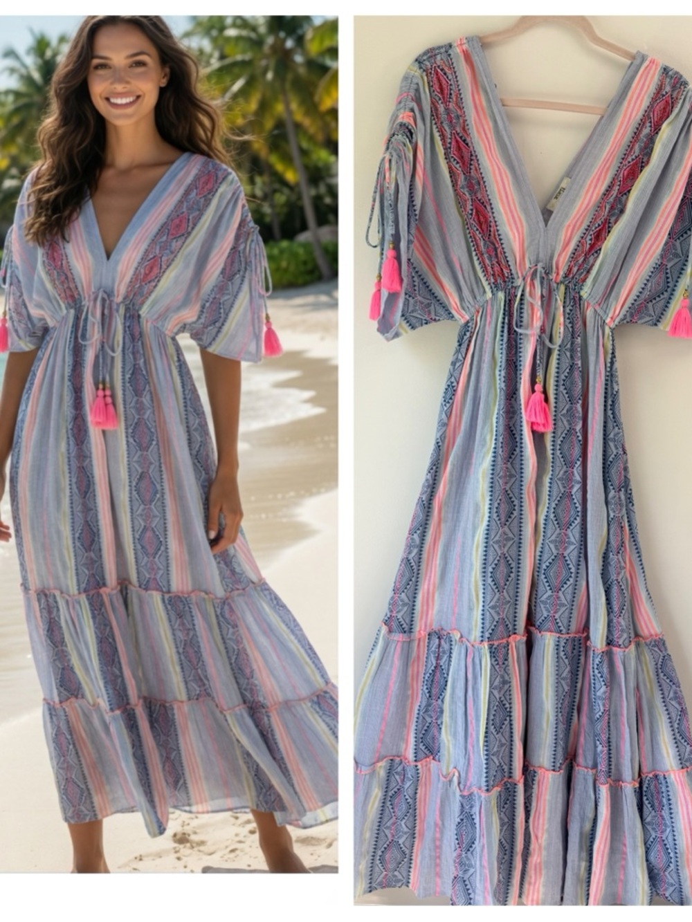 Zury beaded neon tassel kaftan maxi dress new OS